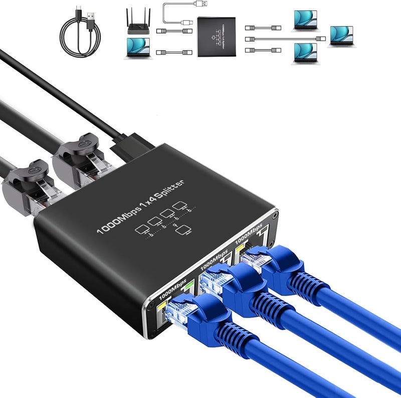 Pushua Gigabit Ethernet Splitter - 1 to 4 High Speed, 4 Devices Simultaneously Networking, 1000Mbps, USB Powered, RJ45 for Cat5/5e/6/7/8 Cable - Image 1